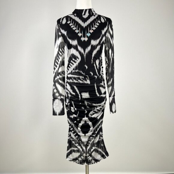 NWT Farm Rio Pineapple Ikat Tulle Midi Dress Long Sleeves Size S Black and White - Picture 4 of 15